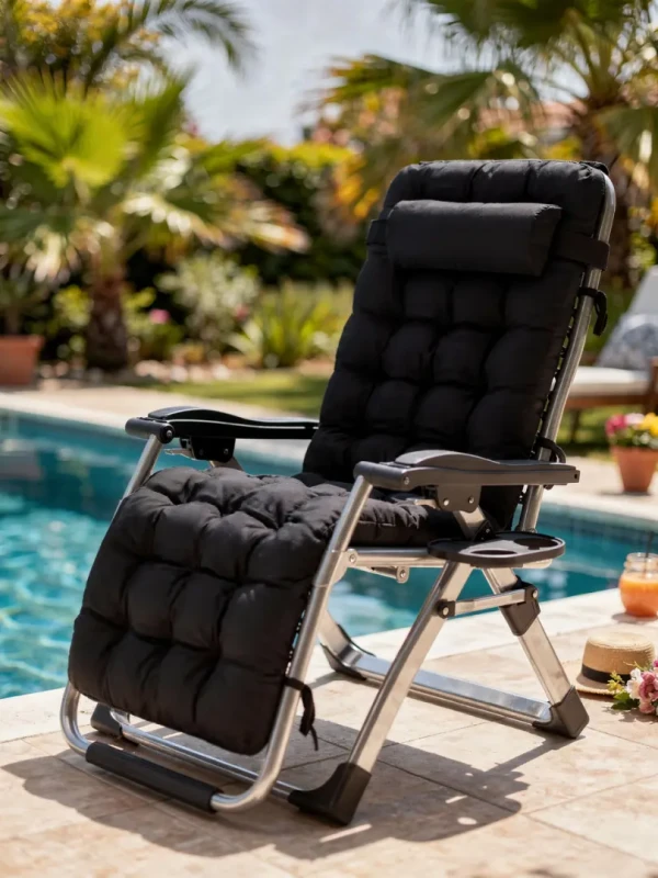 Leżak ogrodowy rozkładany TDC01-BK czarny z poduszką i podgłówkiem