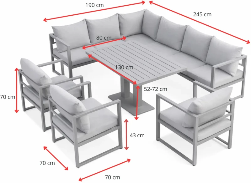 Zestaw mebli ogrodowych narożnik + stół regulowany + 3 fotele szary z brązowymi poduszkami