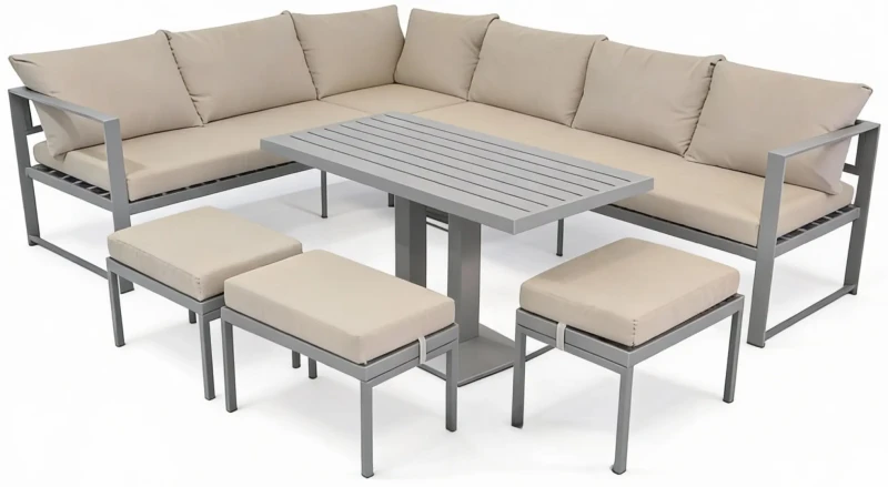 Zestaw mebli ogrodowych narożnik ze stołem z regulacją wysokości i 3 pufami brązowy