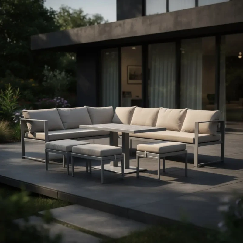 Zestaw mebli ogrodowych narożnik ze stołem z regulacją wysokości i 3 pufami brązowy