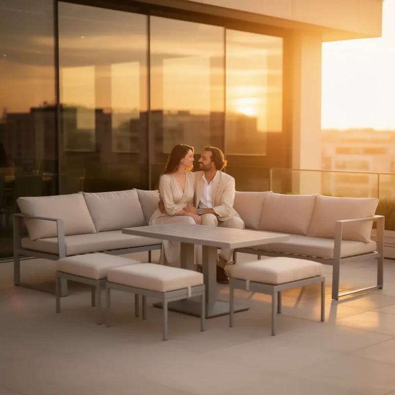 Zestaw mebli ogrodowych narożnik ze stołem z regulacją wysokości i 3 pufami brązowy