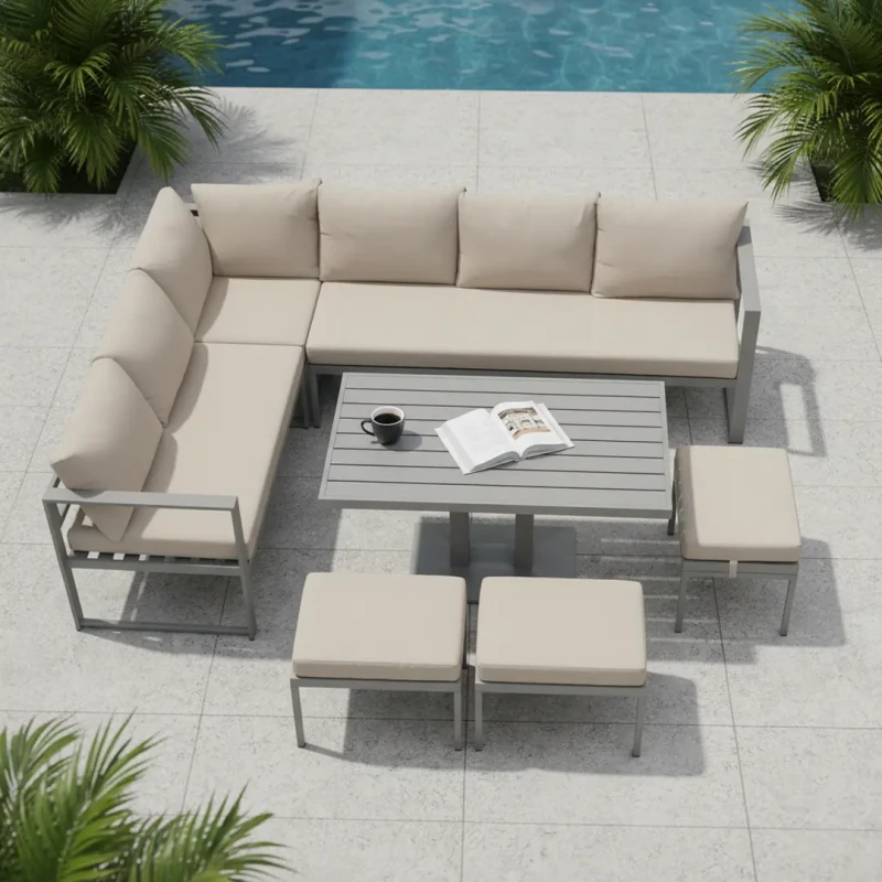 Zestaw mebli ogrodowych narożnik ze stołem z regulacją wysokości i 3 pufami brązowy