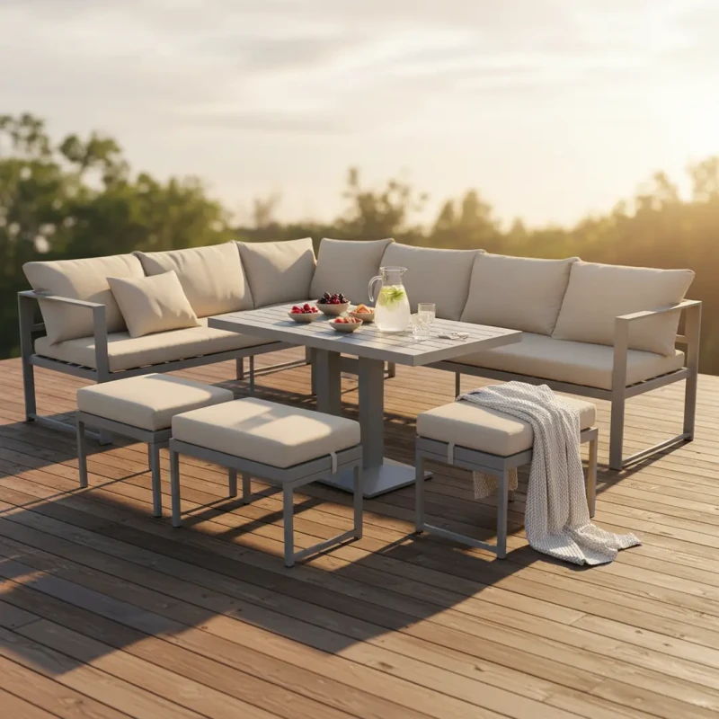 Zestaw mebli ogrodowych narożnik ze stołem z regulacją wysokości i 3 pufami brązowy