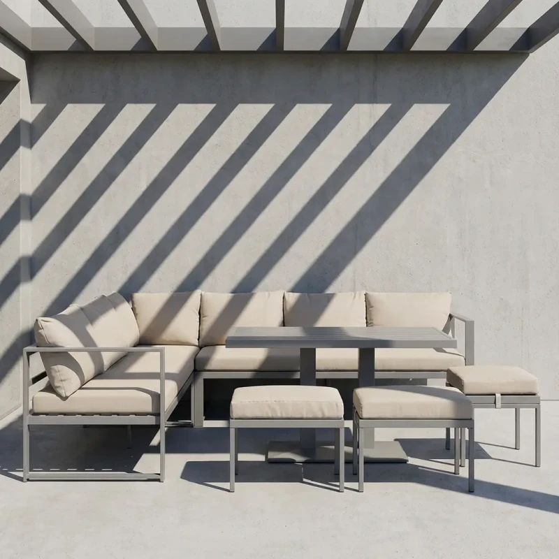 Zestaw mebli ogrodowych narożnik ze stołem z regulacją wysokości i 3 pufami brązowy