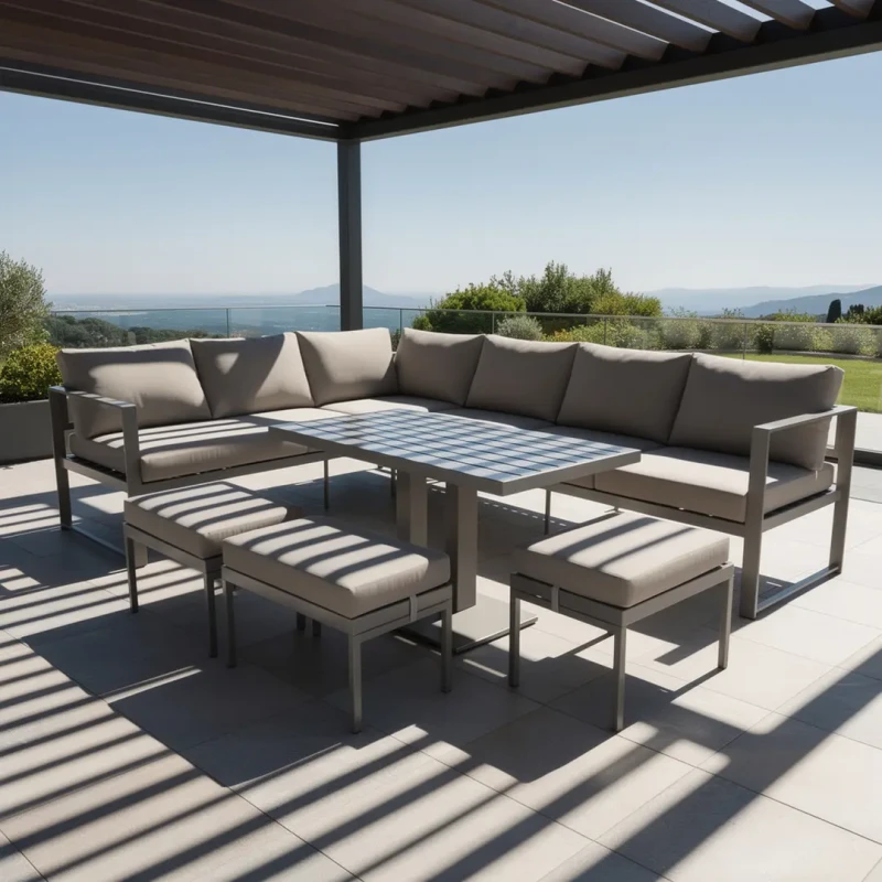 Zestaw mebli ogrodowych narożnik ze stołem z regulacją wysokości i 3 pufami brązowy