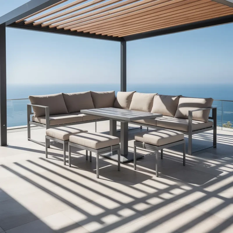 Zestaw mebli ogrodowych narożnik ze stołem z regulacją wysokości i 3 pufami brązowy