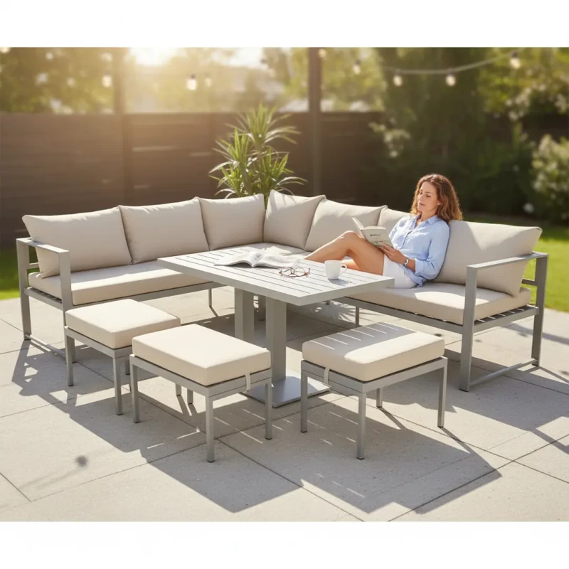 Zestaw mebli ogrodowych narożnik ze stołem z regulacją wysokości i 3 pufami brązowy