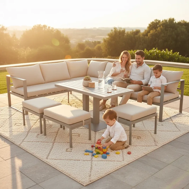 Zestaw mebli ogrodowych narożnik ze stołem z regulacją wysokości i 3 pufami brązowy