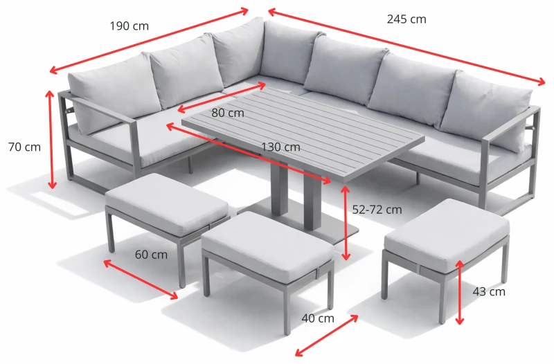Zestaw mebli ogrodowych narożnik ze stołem regulowanym i 3 pufami szary 8-osobowy