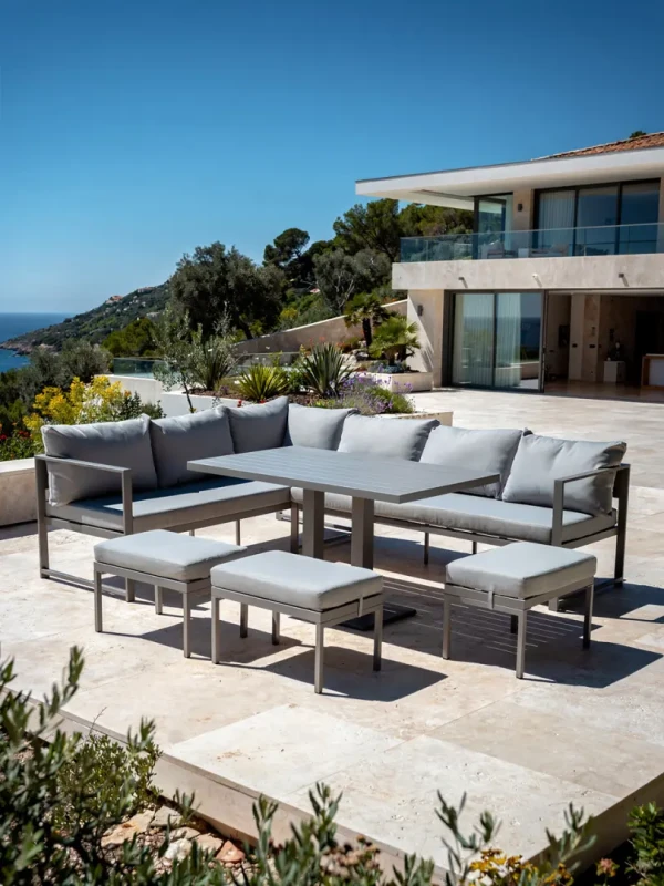 Zestaw mebli ogrodowych narożnik ze stołem regulowanym i 3 pufami szary 8-osobowy