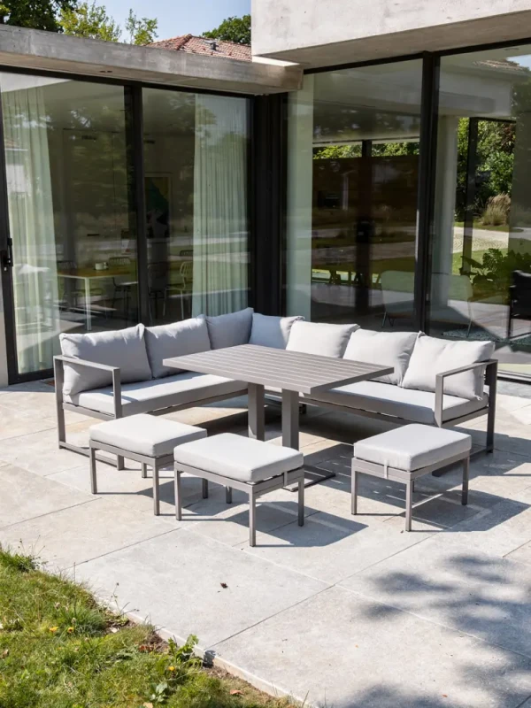 Zestaw mebli ogrodowych narożnik ze stołem regulowanym i 3 pufami szary 8-osobowy