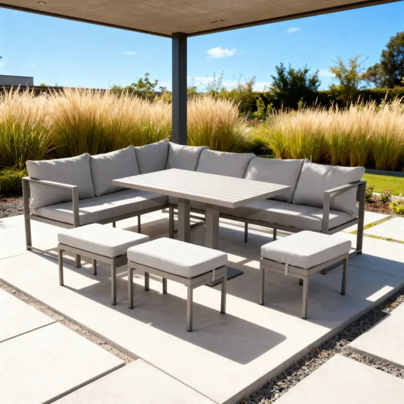 Zestaw mebli ogrodowych narożnik ze stołem regulowanym i 3 pufami szary 8-osobowy