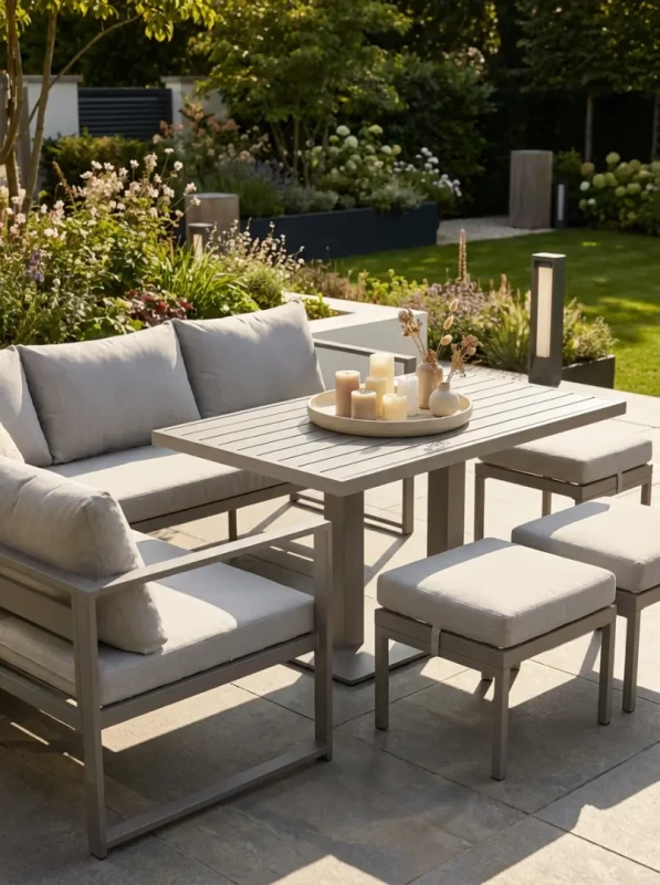 Zestaw mebli ogrodowych narożnik ze stołem regulowanym i 3 pufami szary 8-osobowy