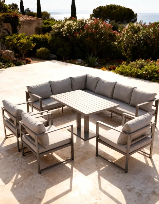 Zestaw mebli ogrodowych narożnik ze stołem regulowanym i 3 pufami szary 8-osobowy