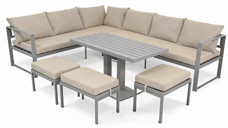 Zestaw mebli ogrodowych narożnik ze stołem i 3 pufami stalowy brązowo-szary