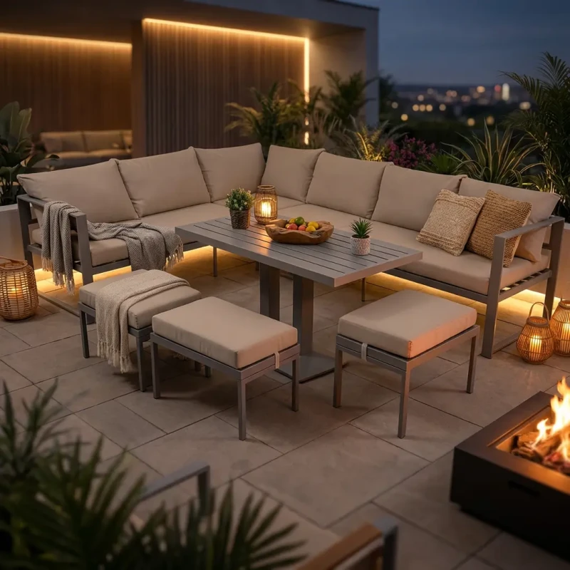 Zestaw mebli ogrodowych narożnik ze stołem i 3 pufami stalowy brązowo-szary