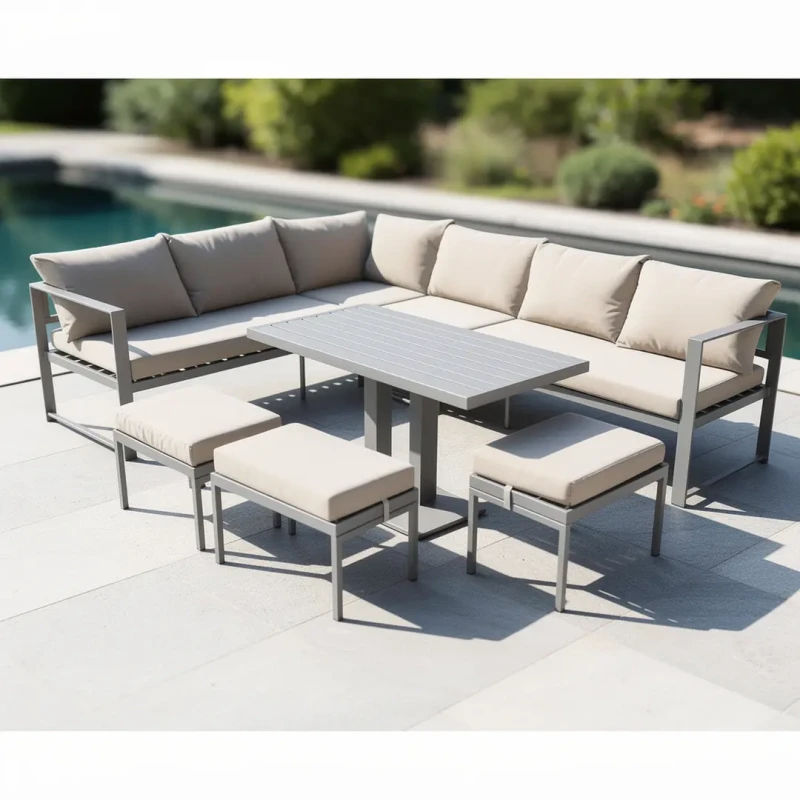 Zestaw mebli ogrodowych narożnik ze stołem i 3 pufami stalowy brązowo-szary