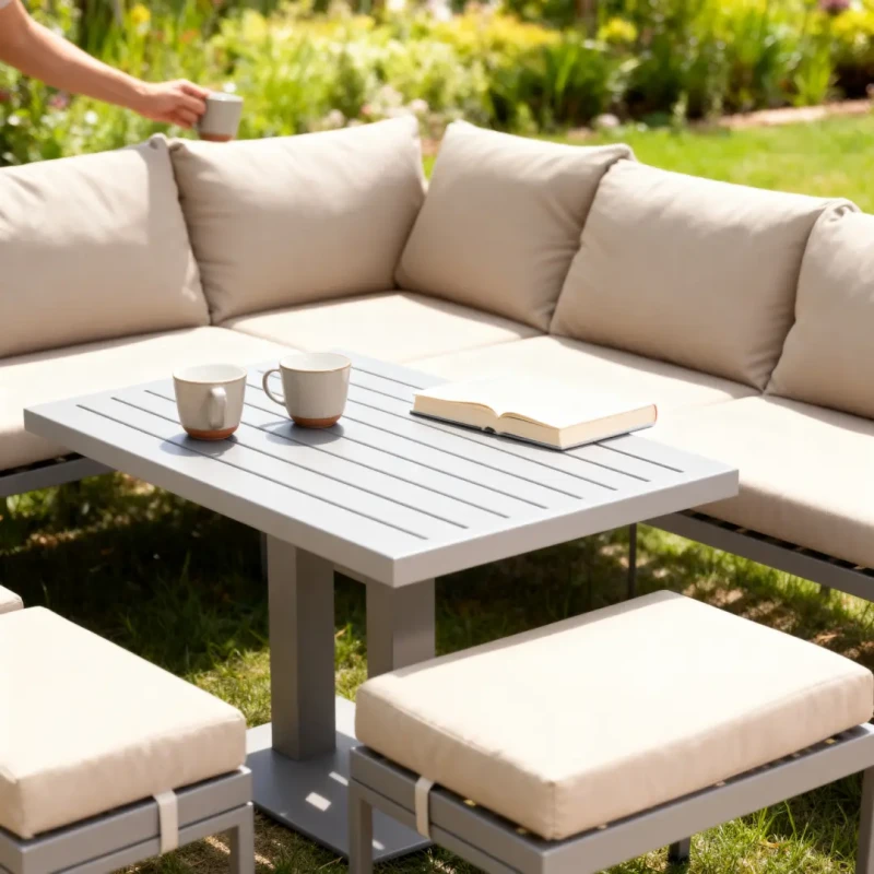 Zestaw mebli ogrodowych narożnik ze stołem i 3 pufami stalowy brązowo-szary