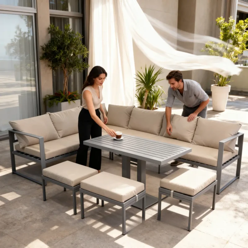 Zestaw mebli ogrodowych narożnik ze stołem i 3 pufami stalowy brązowo-szary