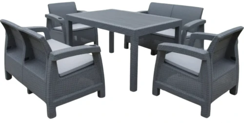 Zestaw mebli ogrodowych 6-osobowy 2 sofy 2 fotele stół szary z poduszkami