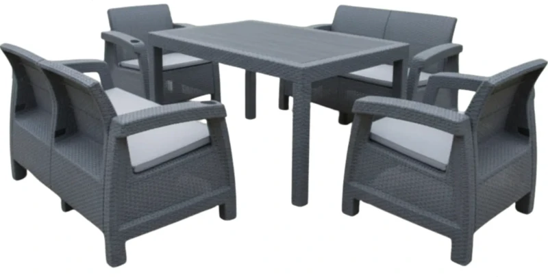 Zestaw mebli ogrodowych 6-osobowy 2 sofy 2 fotele stół szary z poduszkami
