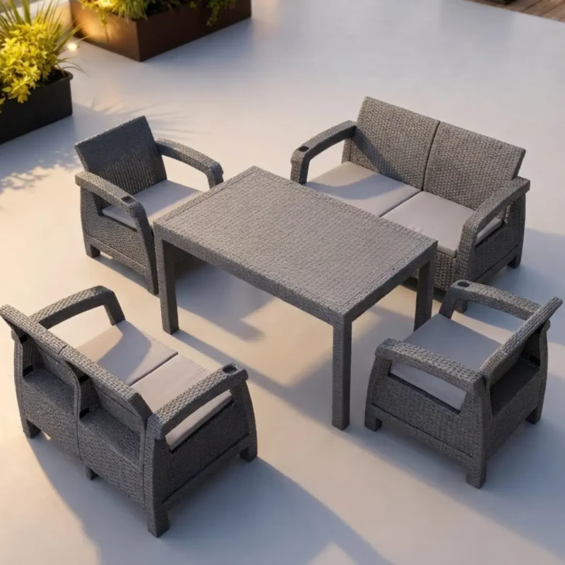 Zestaw mebli ogrodowych 6-osobowy 2 sofy 2 fotele stół szary z poduszkami