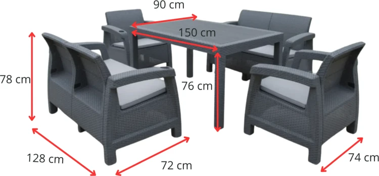 Zestaw mebli ogrodowych 6-osobowy 2 sofy 2 fotele stół szary z poduszkami