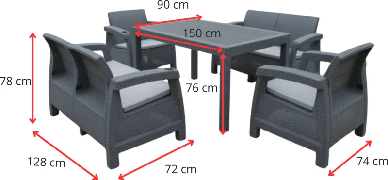 Zestaw mebli ogrodowych 6-osobowy 2 sofy 2 fotele stół szary z poduszkami