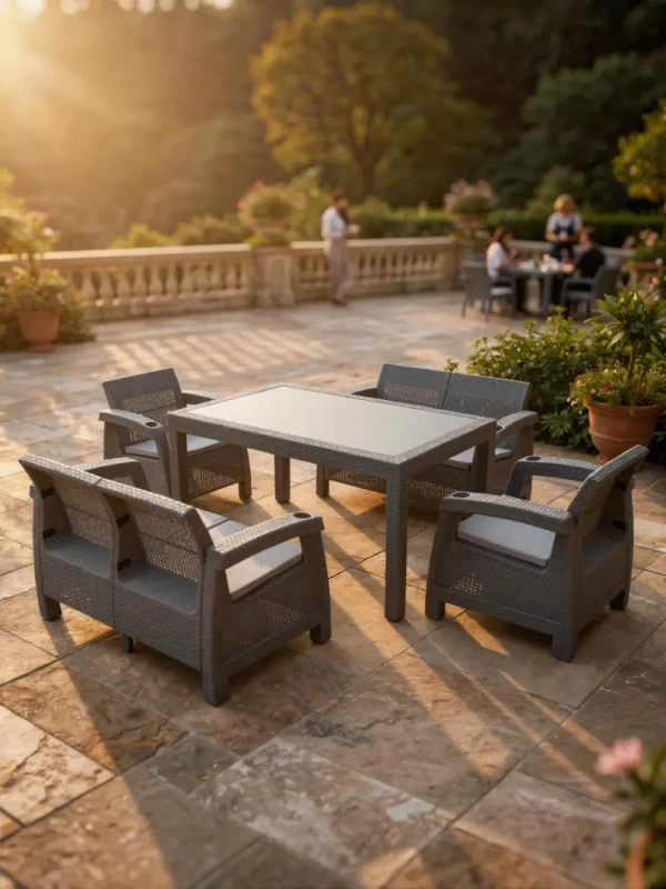 Zestaw mebli ogrodowych 6-osobowy 2 sofy 2 fotele stół szary z poduszkami