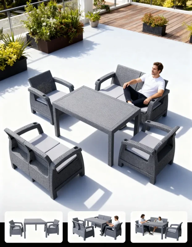 Zestaw mebli ogrodowych 6-osobowy 2 sofy 2 fotele stół szary z poduszkami