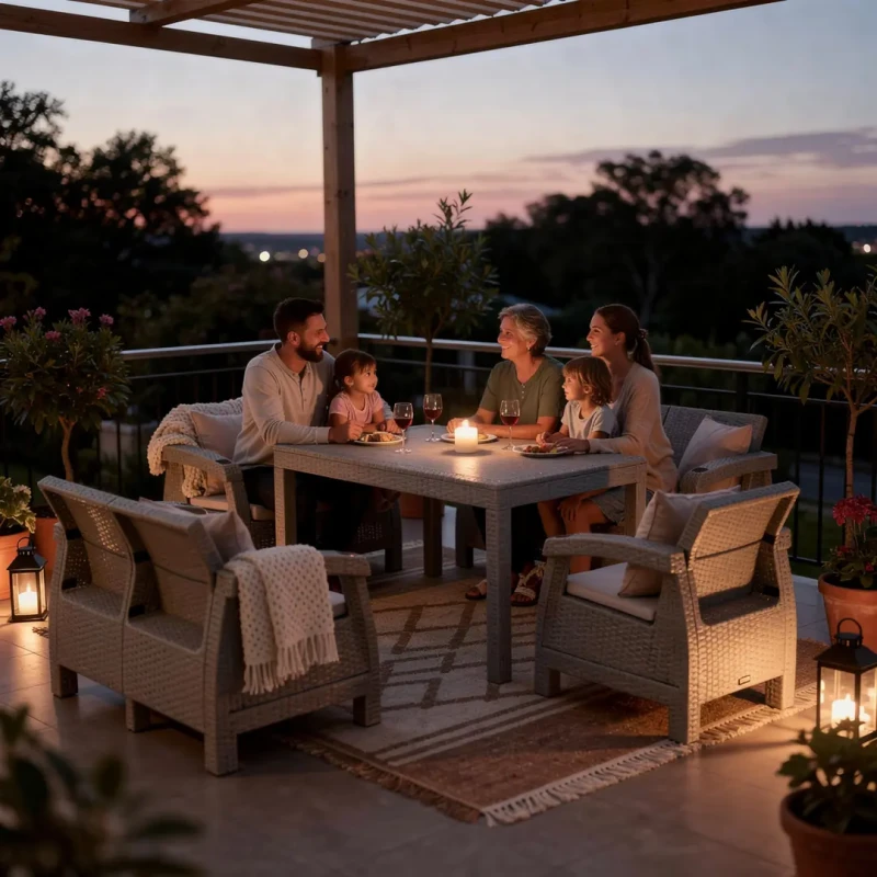 Zestaw mebli ogrodowych 6-osobowy 2 sofy 2 fotele stół szary z poduszkami