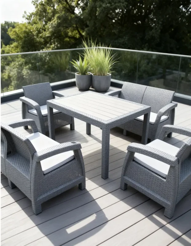 Zestaw mebli ogrodowych 6-osobowy 2 sofy 2 fotele stół szary z poduszkami