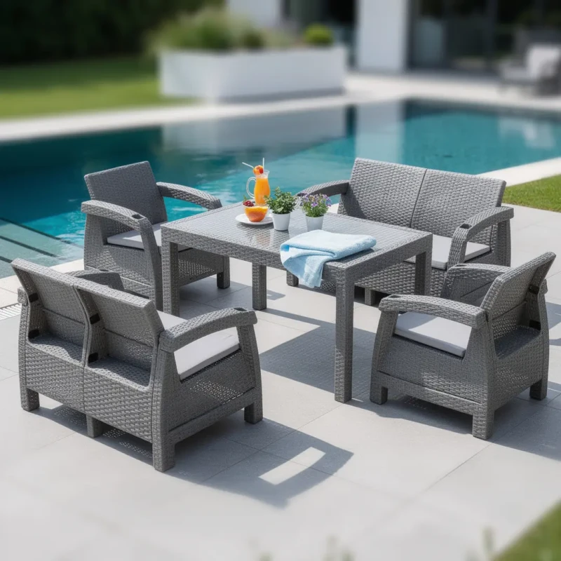 Zestaw mebli ogrodowych 6-osobowy 2 sofy 2 fotele stół szary z poduszkami