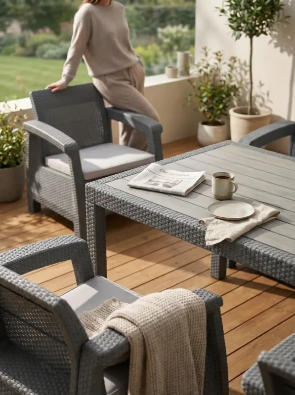 Zestaw mebli ogrodowych 6-osobowy 2 sofy 2 fotele stół szary z poduszkami