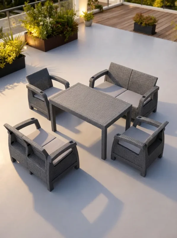 Zestaw mebli ogrodowych 6-osobowy 2 sofy 2 fotele stół szary z poduszkami