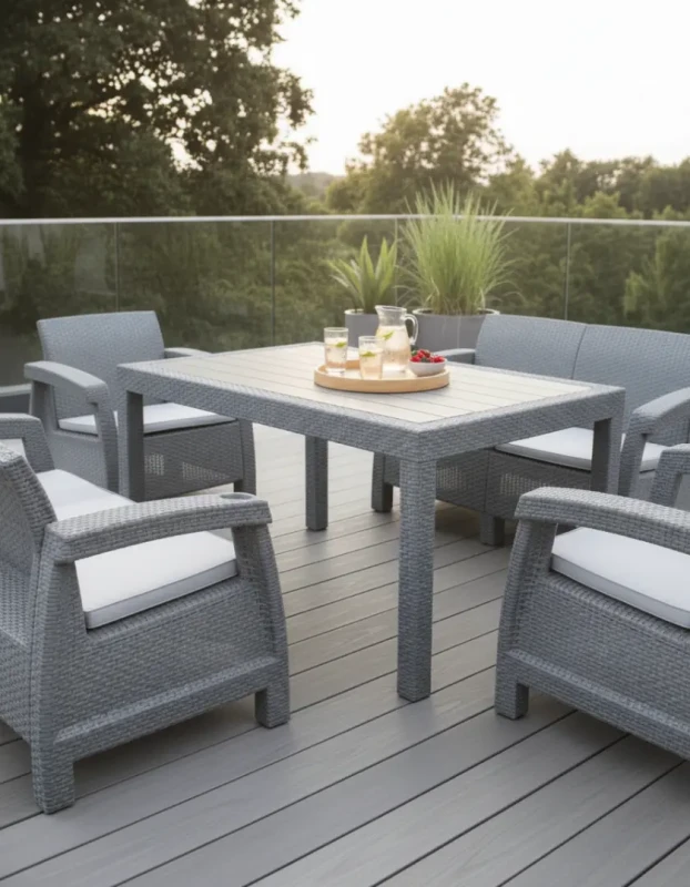 Zestaw mebli ogrodowych 6-osobowy 2 sofy 2 fotele stół szary z poduszkami