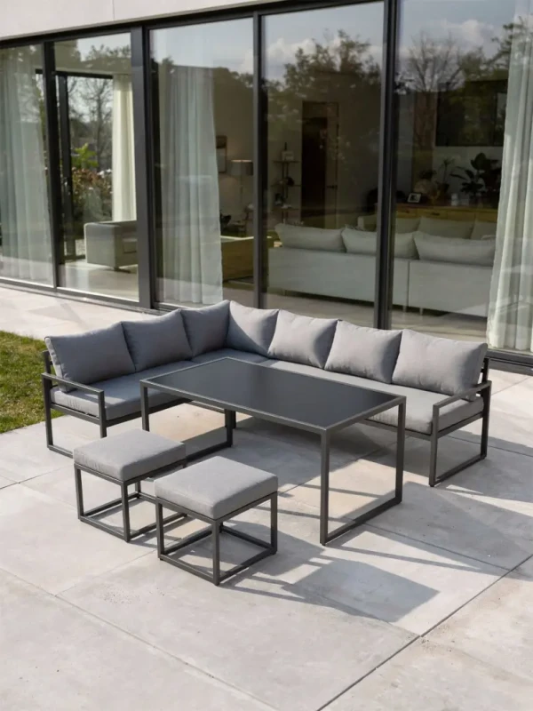 Metalowy zestaw mebli ogrodowych XLS-2013 narożnik stół 2 pufy szary