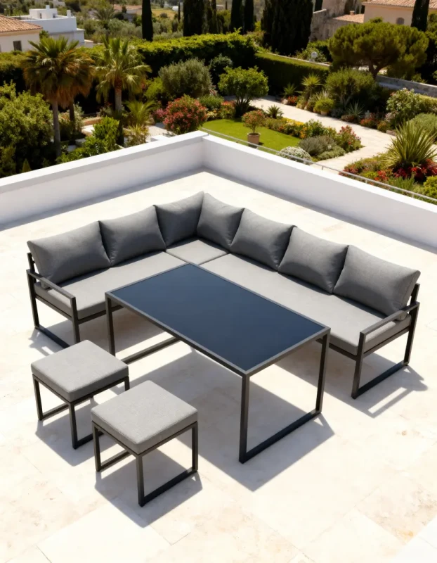 Metalowy zestaw mebli ogrodowych XLS-2013 narożnik stół 2 pufy szary
