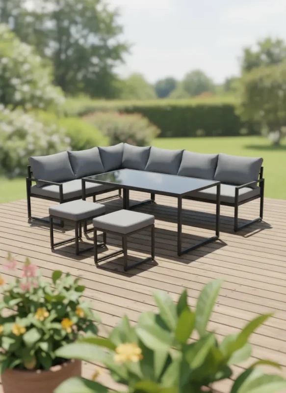 Metalowy zestaw mebli ogrodowych XLS-2013 narożnik stół 2 pufy szary