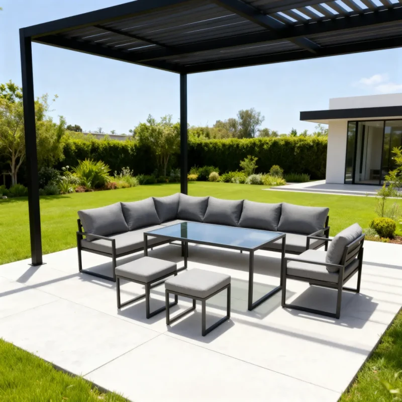 Metalowy zestaw mebli ogrodowych XLS-2013 narożnik stół 2 pufy szary