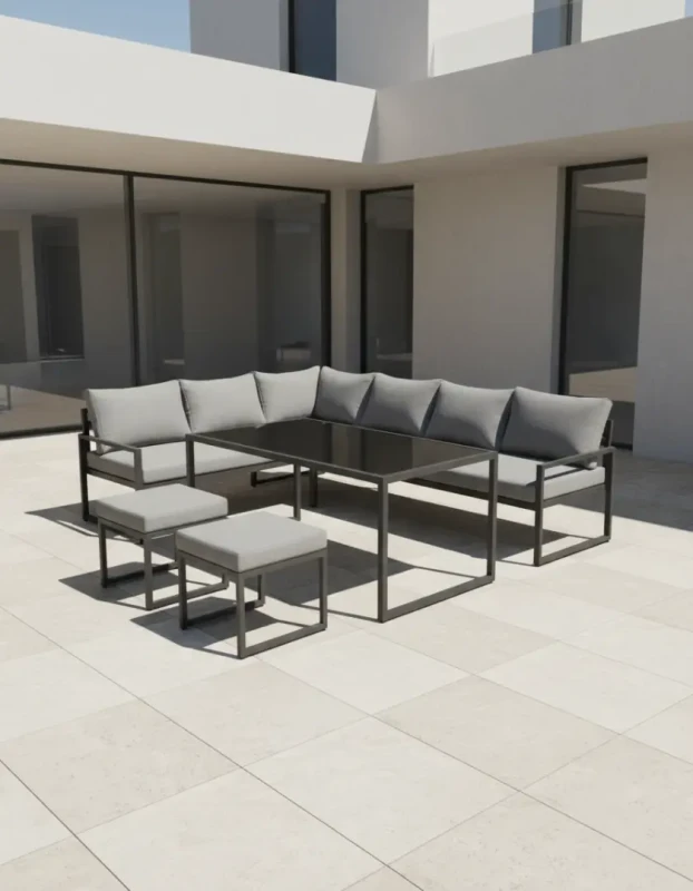 Metalowy zestaw mebli ogrodowych XLS-2013 narożnik stół 2 pufy szary