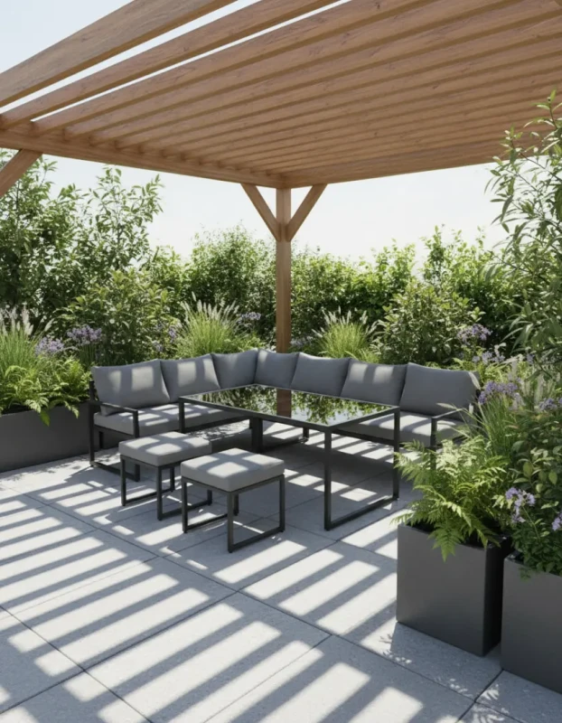 Metalowy zestaw mebli ogrodowych XLS-2013 narożnik stół 2 pufy szary