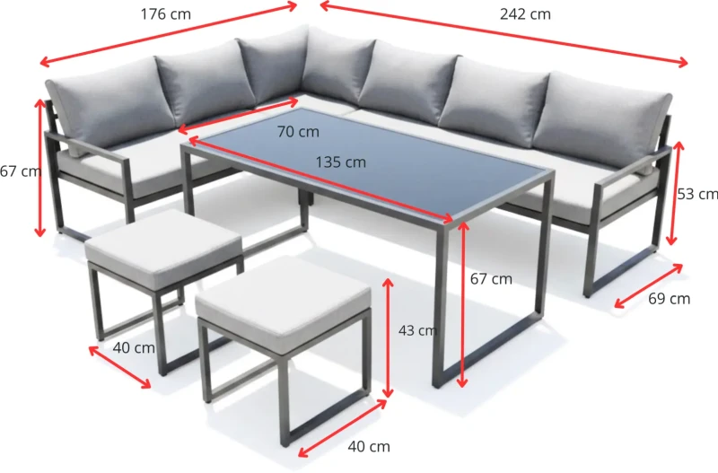 Metalowy zestaw mebli ogrodowych XLS-2013 narożnik stół 2 pufy szary