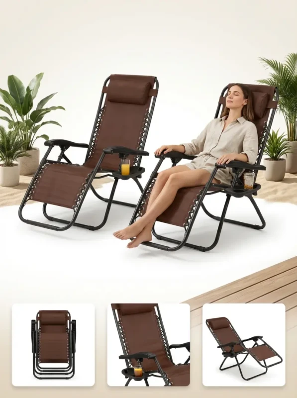 Zestaw 2 leżaków ogrodowych TDC-2502 rozkładanych stalowych brązowych z uchwytem i torbą