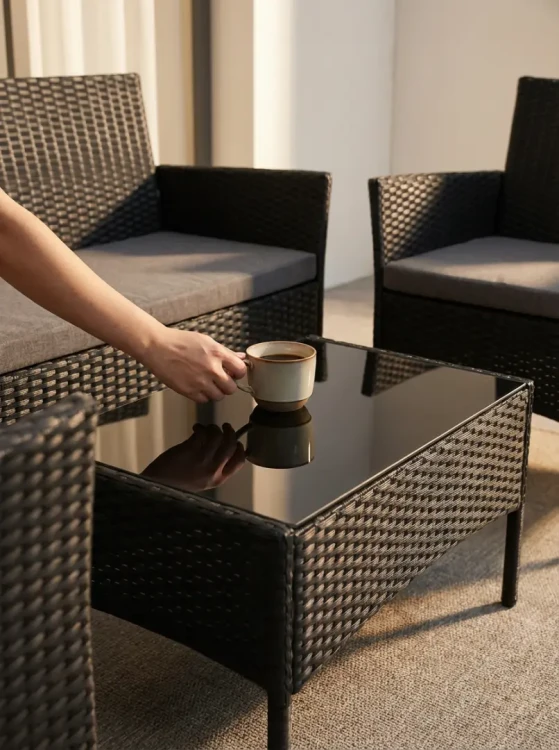Komplet mebli ogrodowych kawowy SFS010-BK 4-osobowy z technorattanu na taras i balkon czarny