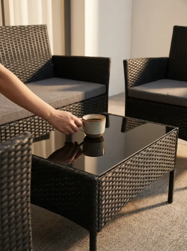 Komplet mebli ogrodowych kawowy SFS010-BK 4-osobowy z technorattanu na taras i balkon czarny