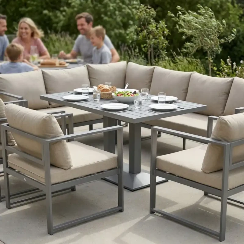 Zestaw mebli ogrodowych narożnik + stół regulowany + 3 fotele szary z brązowymi poduszkami