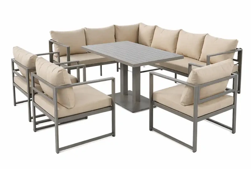 Zestaw mebli ogrodowych narożnik + stół regulowany + 3 fotele szary z brązowymi poduszkami