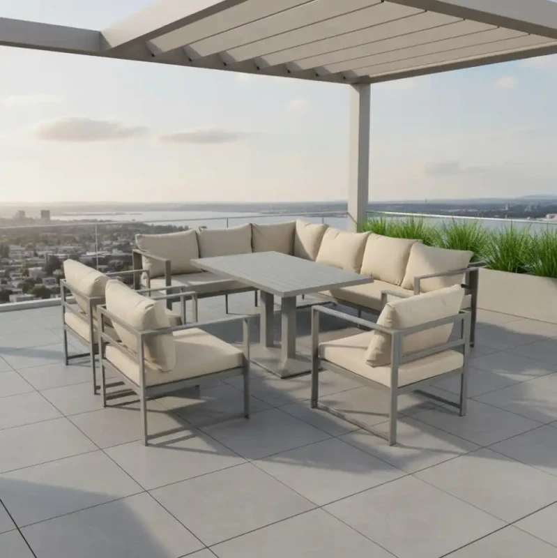 Zestaw mebli ogrodowych narożnik + stół regulowany + 3 fotele szary z brązowymi poduszkami