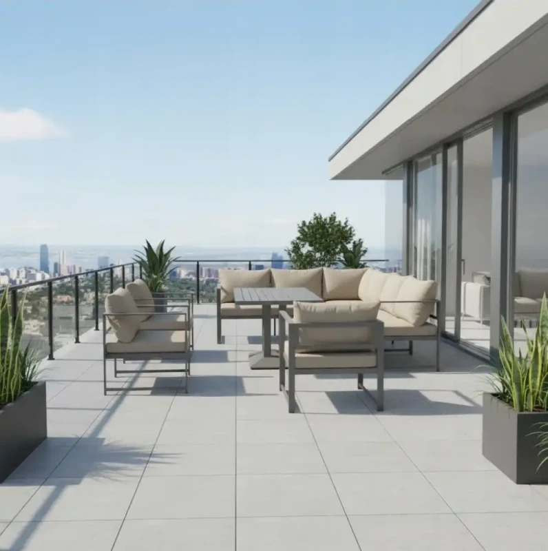 Zestaw mebli ogrodowych narożnik + stół regulowany + 3 fotele szary z brązowymi poduszkami